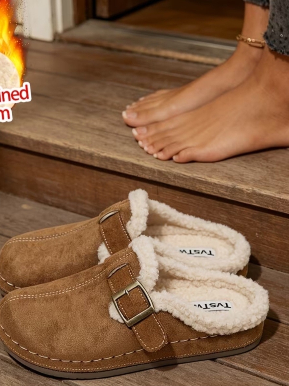 Tan Shearling-Lined Slip-On Clog